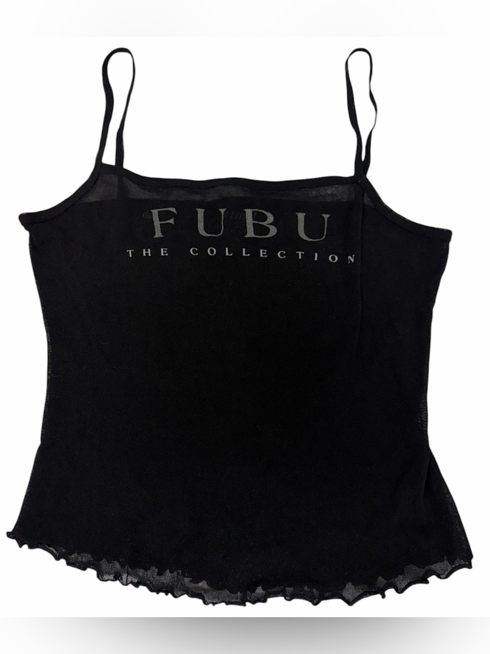 Y2K FUBU Black Mesh Ruffle Hem Crop Top